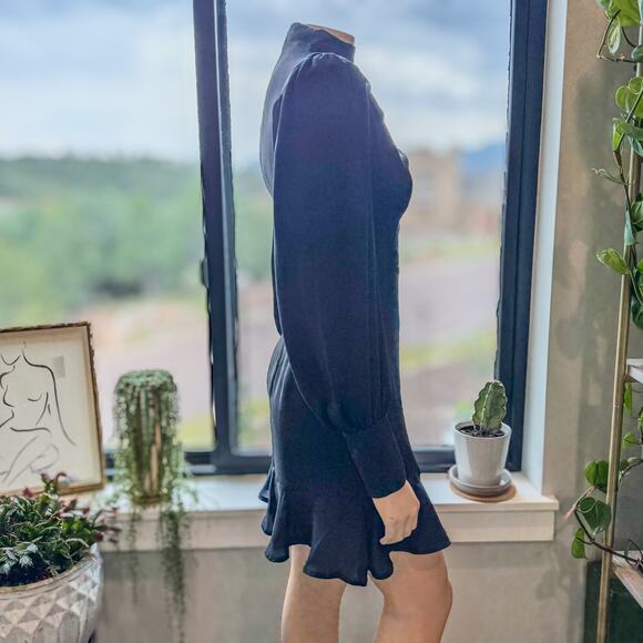 Express, Long Sleeve Draped Mock Neck Ruffle Black Mini Dress Women’s X-Small - Picture 6 of 12